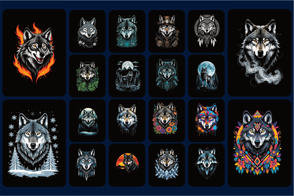 100 Wolf T-Shirt Graphic Bundle Product Examples